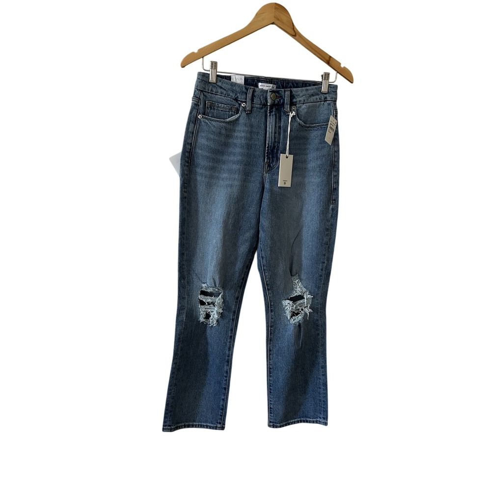 Good American Good Boy High Rise Distressed Straight Leg Jeans‎ Indigo 4